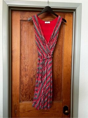 Anthropologie Red Striped Wrap swing dress with Black, Red, White Green and Gray